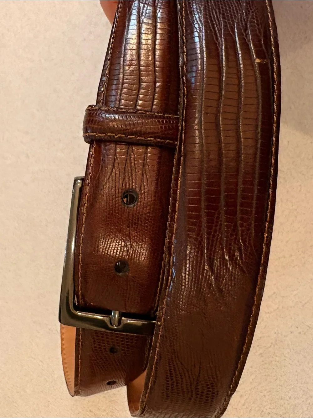 Martin Dingman Brown Lizard Skin Leather Belt Blackened Silver Buckle Sz 40